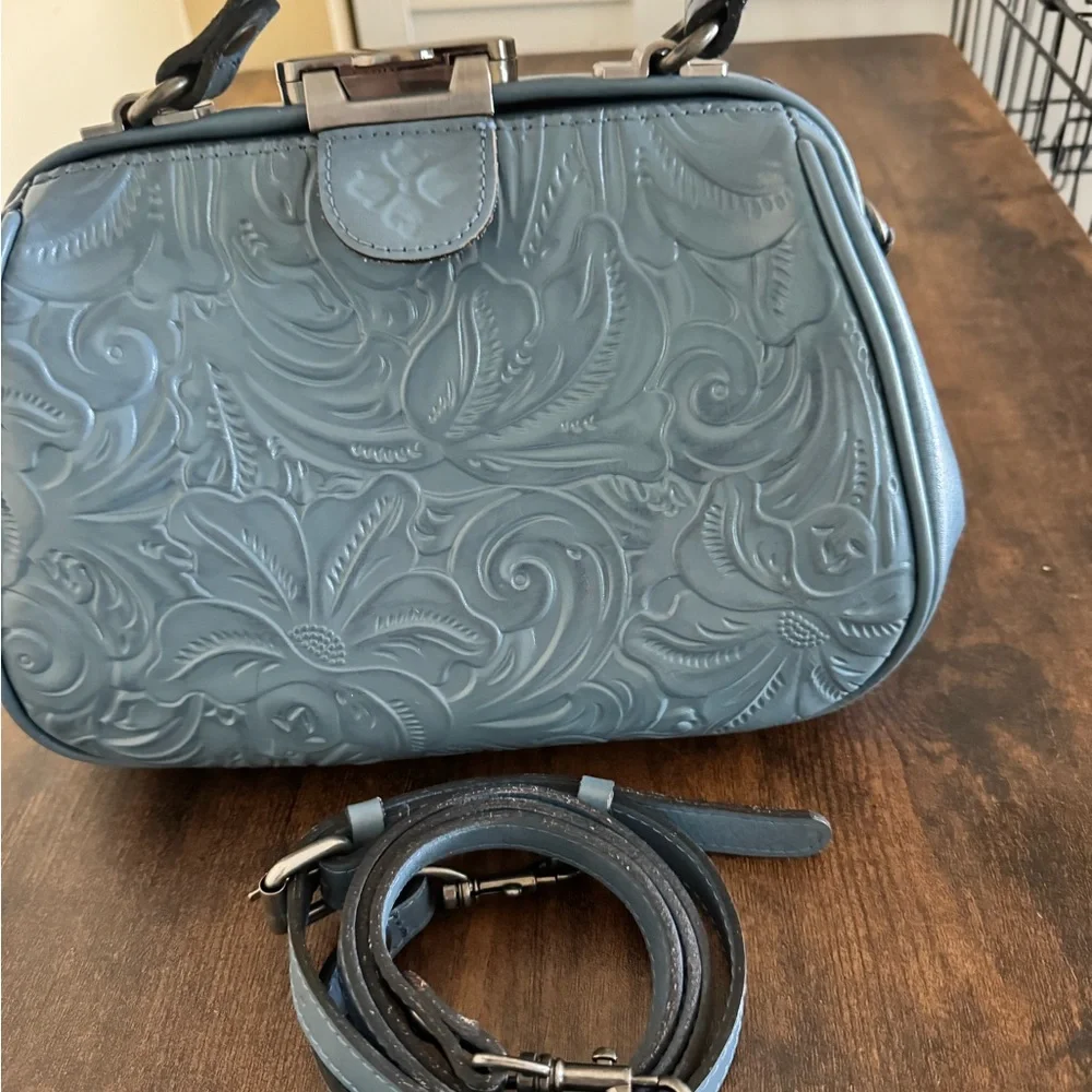 Patricia Nash Embossed Floral Leather Crossbody in Dusty Blue